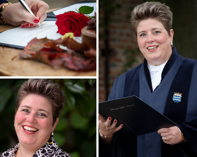Fotocollage van Mariëlle Peters-Geilen. Een hand die een trouwakte tekent, Mariëllemet een akteomslag in toga en een portretfoto.
