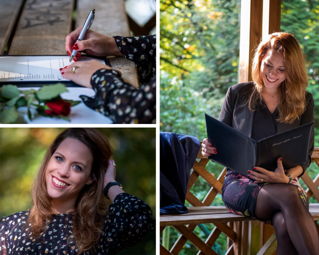 Fotocollage van Marjolein Heijltjes. Een hand die een trouwakte tekent, Marjolein zittend met een akteomslag en een portretfoto.