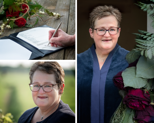 Een collage van foto's van Mirjam Hausmans-Leenders. Een hand die een trouwakte tekent, Mirjam in toga bij bloemen en een portretfoto. 