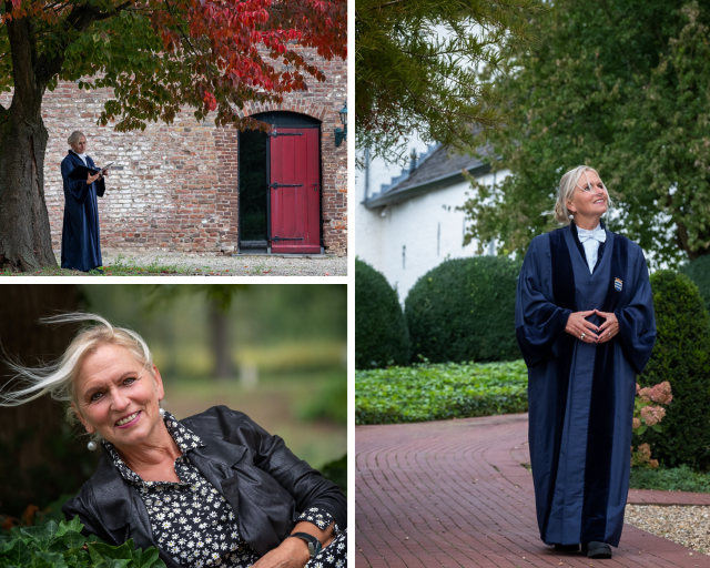 Een fotocollage van Romy Poeth. Romy onder een boom, Romy in toga die naar boven kijkt en een portretfoto.