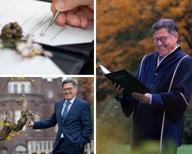 Een collage van foto's van Thijs Meijers. Een hand die een trouwakt tekent. Een portretfoto van Thijs, en Thijs die lachend naar een trouwakte kijkt.